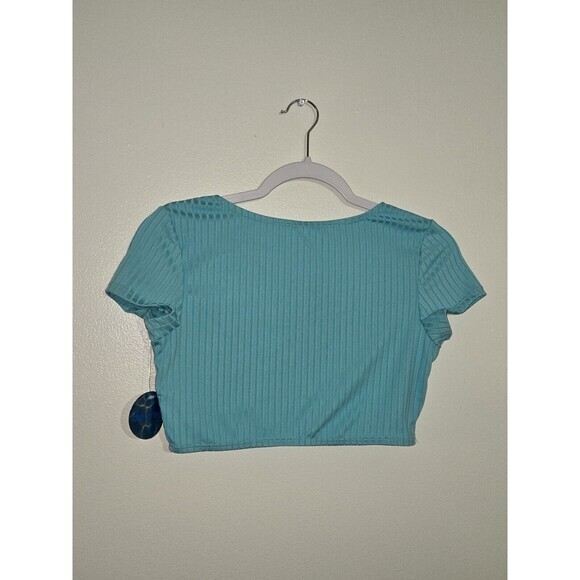 Decree Light Blue Ribbed Swimtop Crop‎ Top Midkini Juniors Size Large - Picture 2 of 4